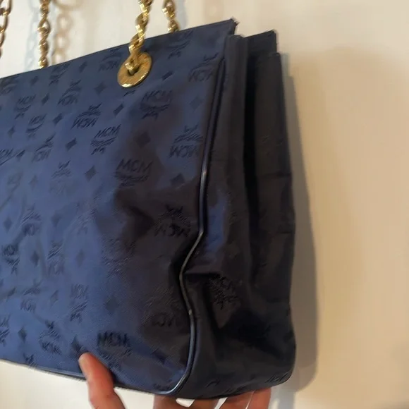 MCM Visetos Pattern Nylon Chain Tote Bag Shoulder Navy x Gold - Picture 5 of 8